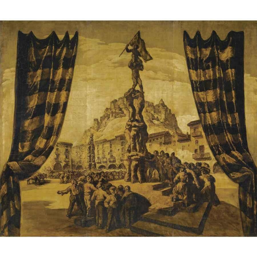 Artwork by José Mariá Sert y Badiá, ELS CASTELLERS DE VALS (THE TOWER OF MEN AT VALS), Made of oil and gold paint on panel