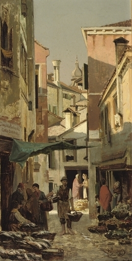 Market at the corner of Calle Crosera and Campiello Pescheria, Venice by Otto von Ruppert