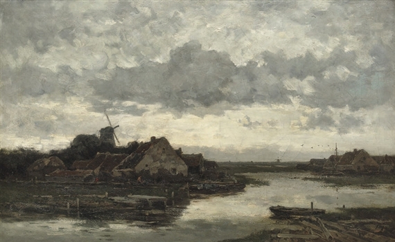 Avondstond bij Megen: a small village near a river by Willem Cornelis Rip