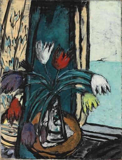 Stilleben mit Tulpen und Ausblick aufs Meer by Max Beckmann, 1938