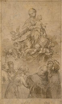 The Virgin and Child in glory, with a putto presenting the rosary to Saint Dominic, accompanied by Saints Anthony Abbot, Clare, Francis, Vincent Ferrer and Catherine of Siena - Alonso Cano