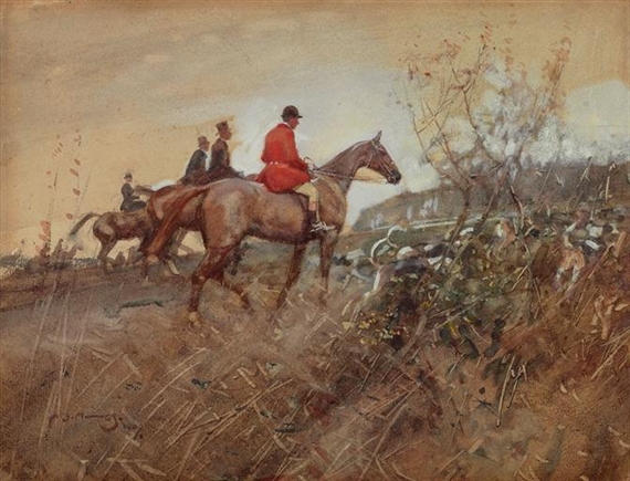 Huntsmen and Hounds in a Field by Sir Alfred James Munnings, 1909