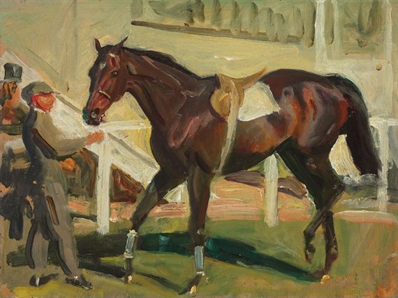 In the Unsaddling Enclosure at Epsom by Sir Alfred James Munnings, circa 1948