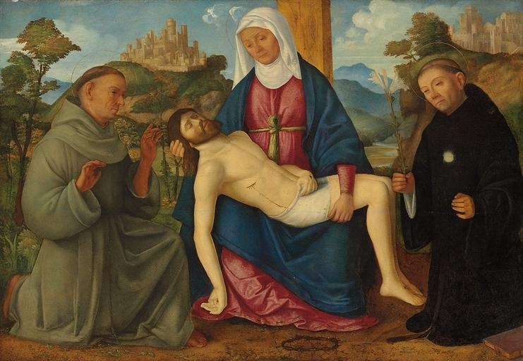The Pietà with Saints Francis and Nicholas of Tolenti - Marcello Fogolino