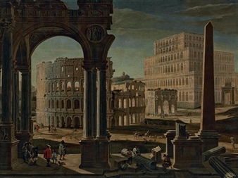 A capriccio with the Colosseum, the Arch of Constantine, and the Tower of Maecenas, Rome - Filippo Gagliardi