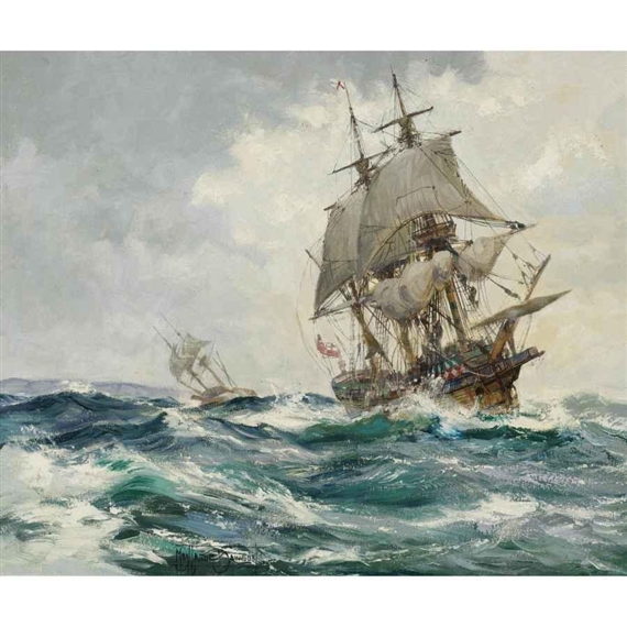 THE ARK AND THE DOVE OFF THE SCILLIES, WITH LORD BALTIMORE ABOARD by Montague Dawson