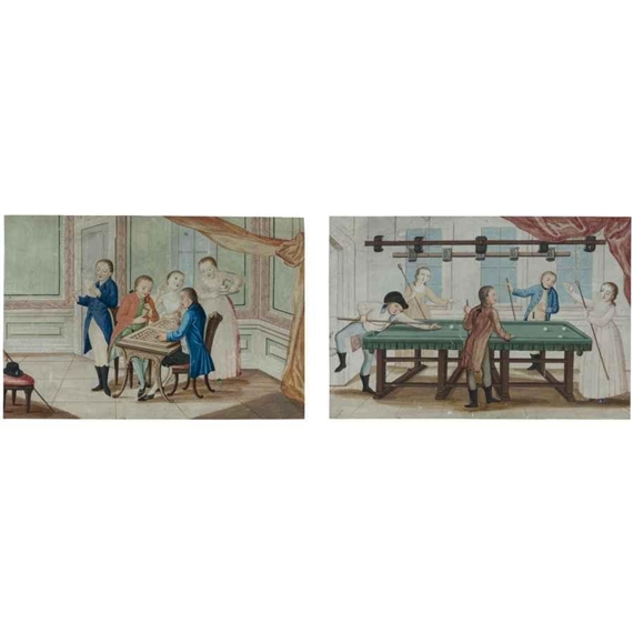 A PAIR OF INTERIORS: (A) MEN AND WOMEN PLAYING BILLIARDS; (B) MEN AND WOMEN PLAYING BACKGAMMON by German School, 18th Century