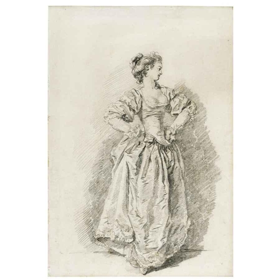 A YOUNG WOMAN STANDING WITH HER HANDS ON HER HIPS by Jean-Honoré Fragonard