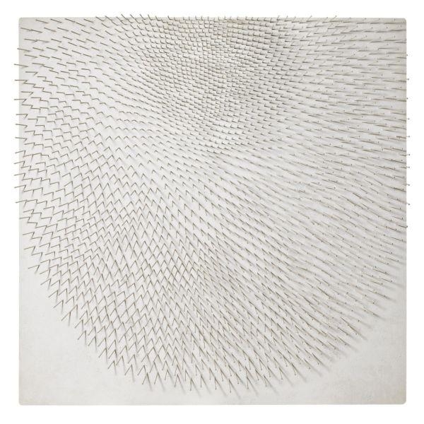 Artwork by Günther Uecker, HAAR DER NYMPHEN, Made of acrylic and nails on canvas laid on panel