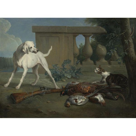 A HOUND PROTECTING A BAG OF GAME FROM A CAT by Alexandre-François Desportes, 1724