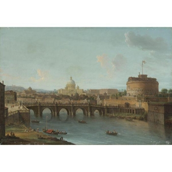 ROME, A VIEW OF THE TIBER WITH THE PONTE AND CASTEL SANT'ANGELO, ST. PETER'S BASILICA AND THE VATICAN BEYOND - Antonio Joli de Dipi