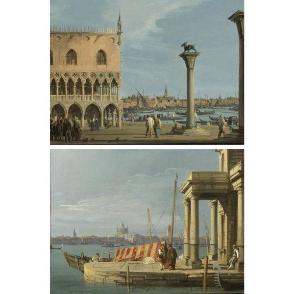 Artwork by Canaletto, THE PIAZZETTA, VENICE, WITH THE SOUTHWEST CORNER OF THE DOGE'S PALACE; THE QUAY OF THE DOGANA, VENICE: A PAIR, Made of oil on canvas, laid on panel