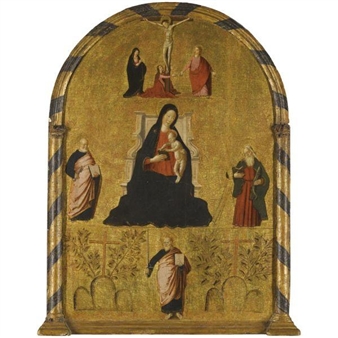 THE MADONNA AND CHILD ENTHRONED WITH THE CRUCIFIXION AND SAINTS PETER, ANDREW AND PAUL, TOGETHER WITH THE INSIGNIA OF MONTE OLIVETO MAGGIORE - Pietro Buono