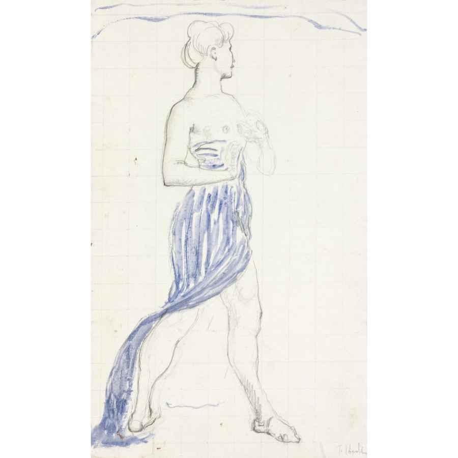 Artwork by Jeanne Cerani-Charles, STUDY FOR "Perception" (FIRST FIGURE FROM THE RIGHT); TWO LYING COWS; PORTRAIT STUDY JEANNE CHARLES CERANI-CIšIć; FEMALE PORTRAIT STUDIES - recto (RIP-OFF FROM THE LEFT FIGURE IN YELLOW - verso), Made of Pencil and watercolor on paper; pencil, ink, watercolor and chalk on paper; Pencil, ink and charcoal on paper; pencil on paper