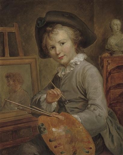 Portrait of a young boy as an artist, half-length, with brushes and a palette, before an easel by François-Hubert Drouais
