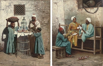 A diptych of two scenes depicting figures in traditional robes within a rustic interior setting.