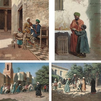 A four-panel collage of Middle Eastern street scenes featuring figures in traditional robes, donkeys, and historic architecture.