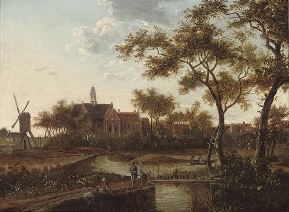 A river landscape with travellers on a track, a town beyond by Balthasar van der Veen
