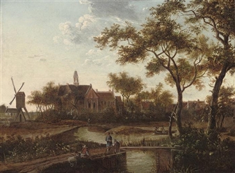 A river landscape with travellers on a track, a town beyond - Balthasar van der Veen