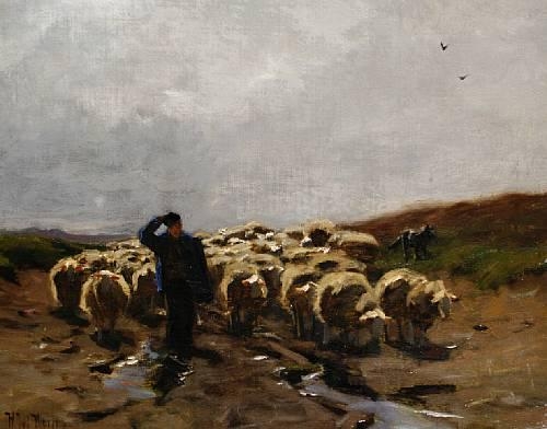 Shepherd and flock by Herman Johannes van der Weele