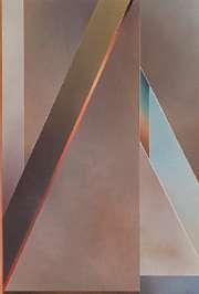 A minimalist geometric composition featuring layered triangular planes in warm earth tones and cool blues.