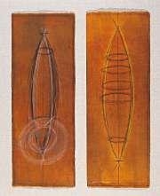 A minimalist artwork featuring two vertical panels with abstract boat-like forms rendered in dark lines against a warm, earthy background.