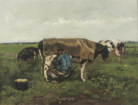 Milking time by Wilhelmus Hendrikus Petrus Johannes de Zwart