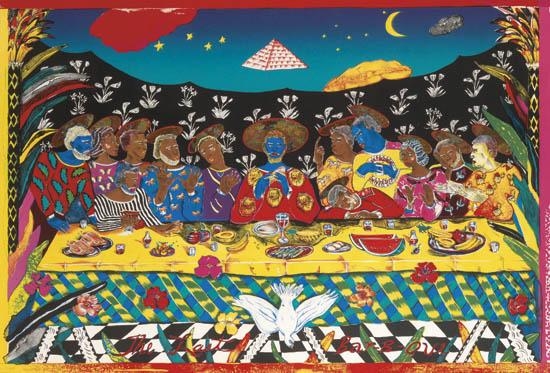 Artwork by Margo Humphrey, The Last Bar-B-Que, Made of Color lithograph, with hand-applied variegated red/gold composition leaf, on white Arches cover