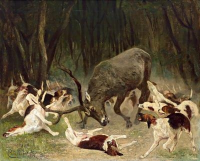 A Stag under attack by Dogs by Carl Rudolf Huber, 1864