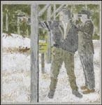 Artwork by Alex Colville, Study for Target Shooting, Made of raw sienna, red and grey ink and acrylic on grey green paper