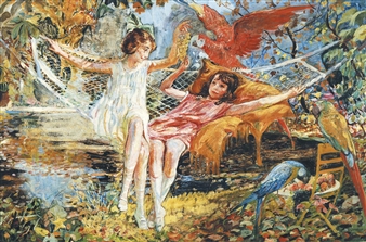 JEUNES FILLES DANS UN HAMAC AVEC PERROQUETS by Camille-Nicolas Lambert
