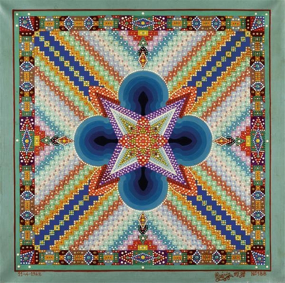 A colorful geometric mandala featuring a central star surrounded by radiating patterns and intricate borders.