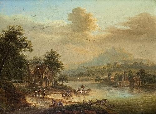 RIVER LANDSCAPE WITH FISHER BOATS by Johann Georg Schütz