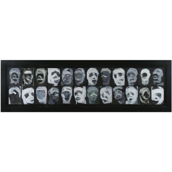 A framed diptych of monochromatic masks arranged in two rows.