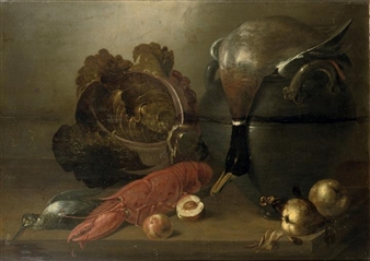 A lobster, a snipe, a duck lying on a cauldron, vegetables and pears, all on a wooden table - Baltazar Huys
