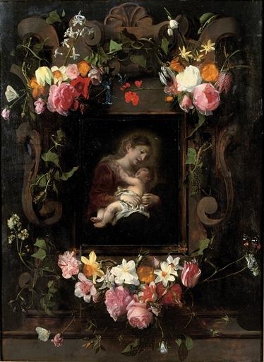 A stone cartouche surrounded by garlands of roses, tulips, narcissi and other flowers and butterflies with the Madonna and Child in the centre by Daniel Seghers, Cornelis Schut