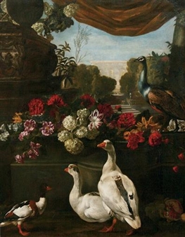 A duck, geese and a peacock in a classical garden landscape - Pieter Boel