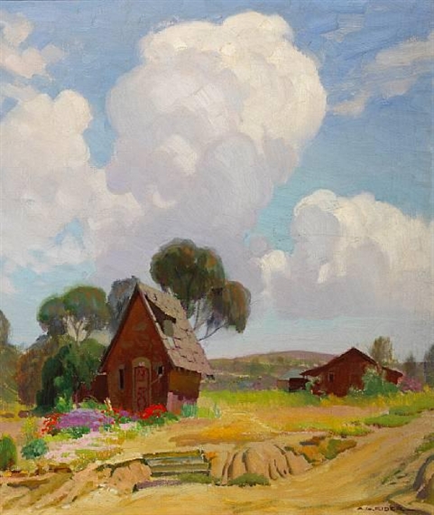 Flowers by a cottage under a cloudy sky by Arthur Grover Rider