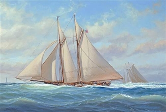 A maritime scene featuring a large sailing ship navigating choppy seas under a cloudy sky.