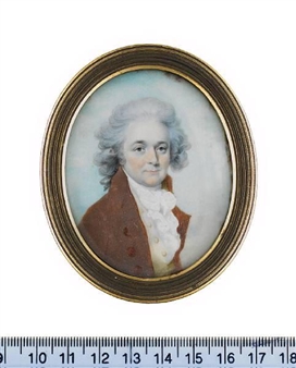 A Gentleman, wearing brown coat, cream waistcoat, frilled white chemise and cravat, his hair powdered and worn en queue, with a black ribbon bow. - John Donaldson