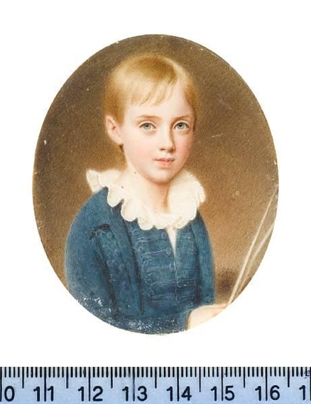 British School, 19th Century | A Boy, wearing blue jacket, blue waistcoat  with blue lace, white chemise with frilled collar, holding a whip. |  MutualArt