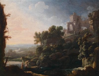 A southern landscape with ruins high on a hill and travellers - Pierre Patel