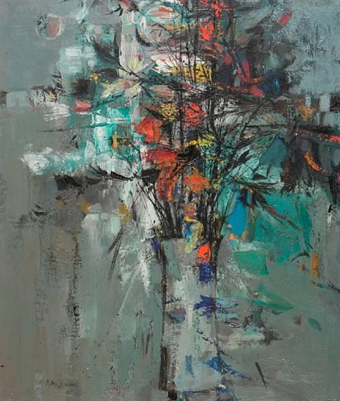 'Flowers and village' by John Houston, 1959