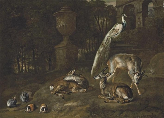 Three deer, a peacock, rabbits, and guinea pigs in a wooded landscape, with classical statuary and arches beyond by Pieter Boel