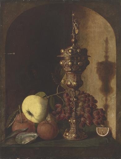 Grapes, a pear, an apple, a lemon, oysters and a silver-gilt cup in a stone niche by Pieter van den Bosch