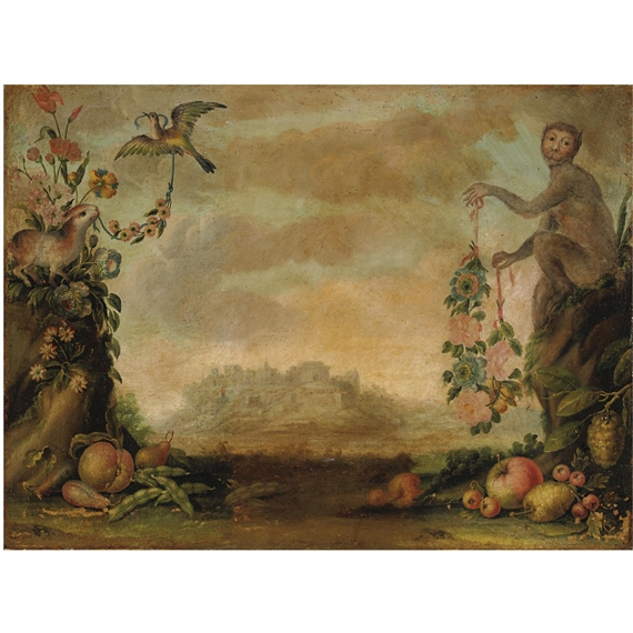 Natura morta con frutta e fiori, una scimmia, un coniglio e un uccello, una città sul fondo by Francesco Malagoli
