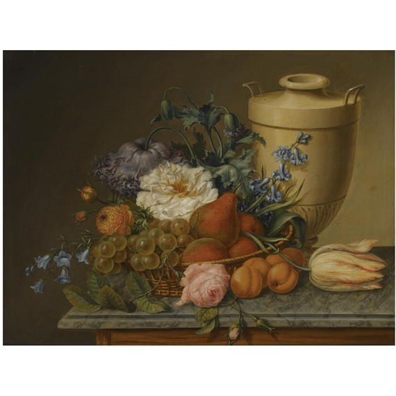 A still life with peonies, roses, bluebells, pears and grapes in a basket together with an urn, all on a marble ledge by Joseph-Laurent Malaine