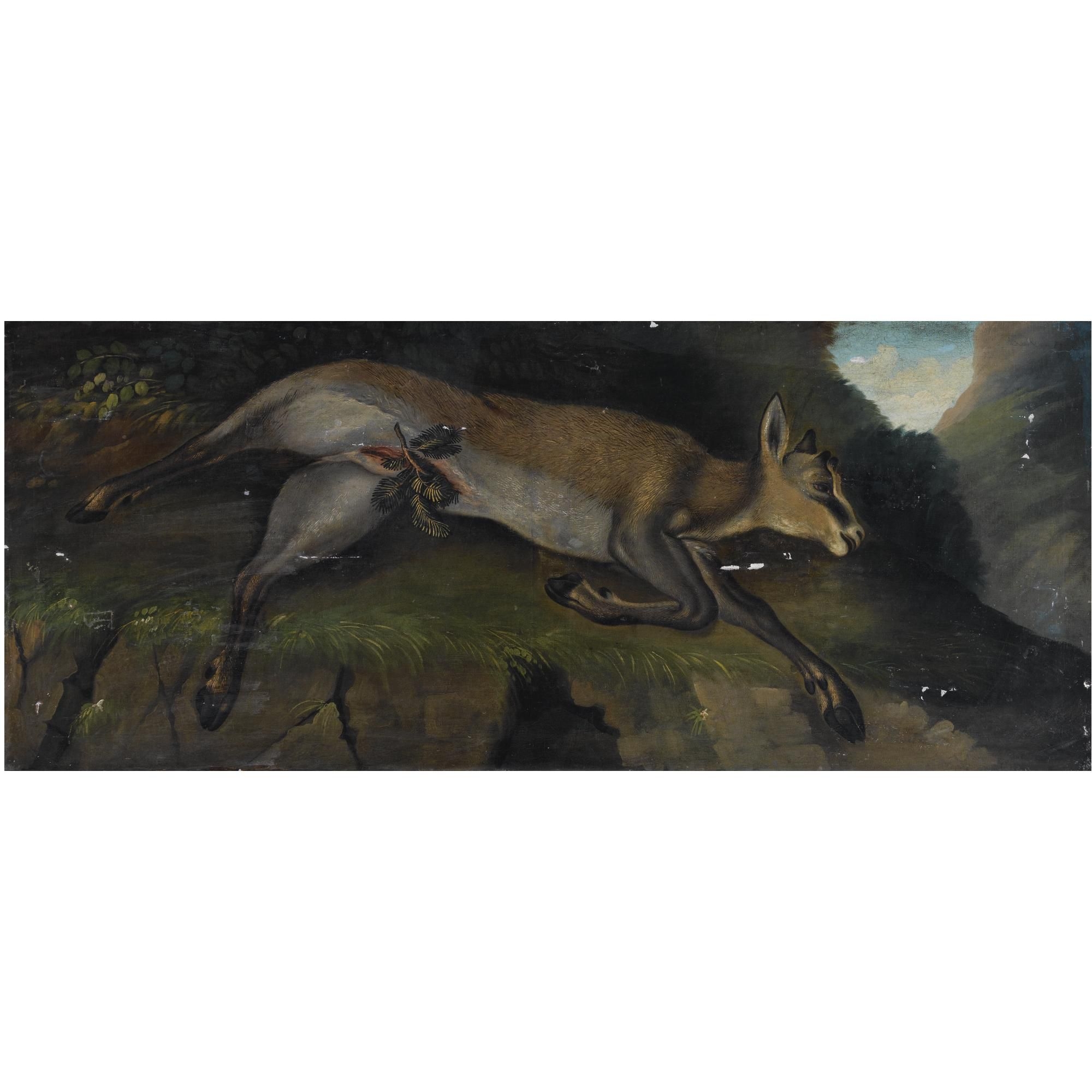 Artwork by German School, 18th Century, A wounded deer lying on a rock in a landscape, Made of oil on canvas