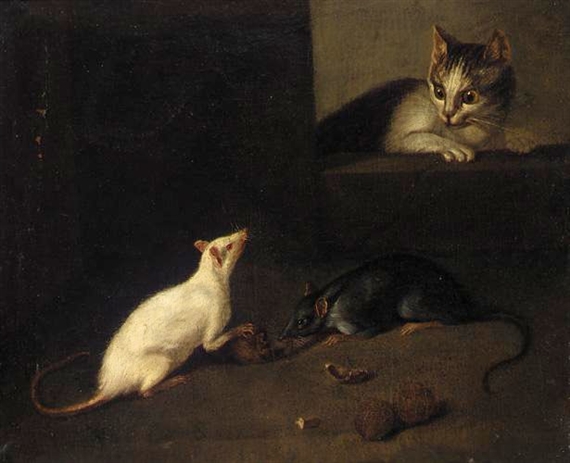 French School, 18th Century | A CAT STALKING TWO RATS EATING WALNUTS ...