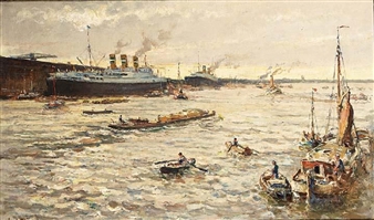 A HARBOURSCENE WITH STEAM SHIPS IN THE BACKGROUND - Jan Evert Moll